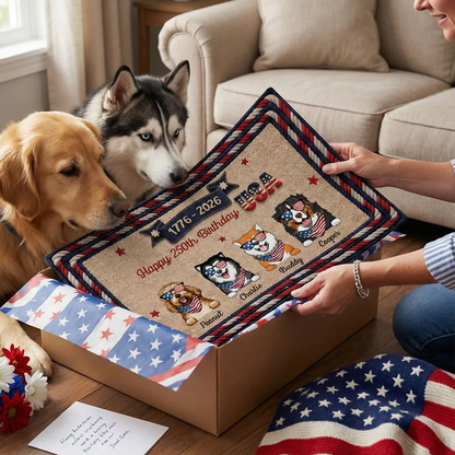 USA 250th Birthday Patriotic Flag Dog Faux Yarn Pattern - Personalized Doormat