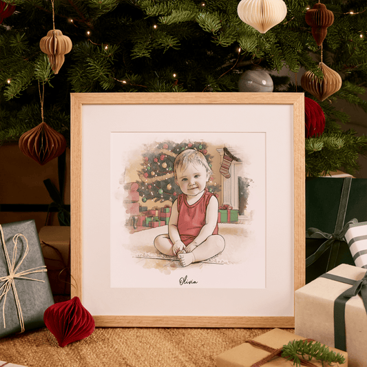 Baby's Christmas Watercolour Illustration - Custom Portrait Art