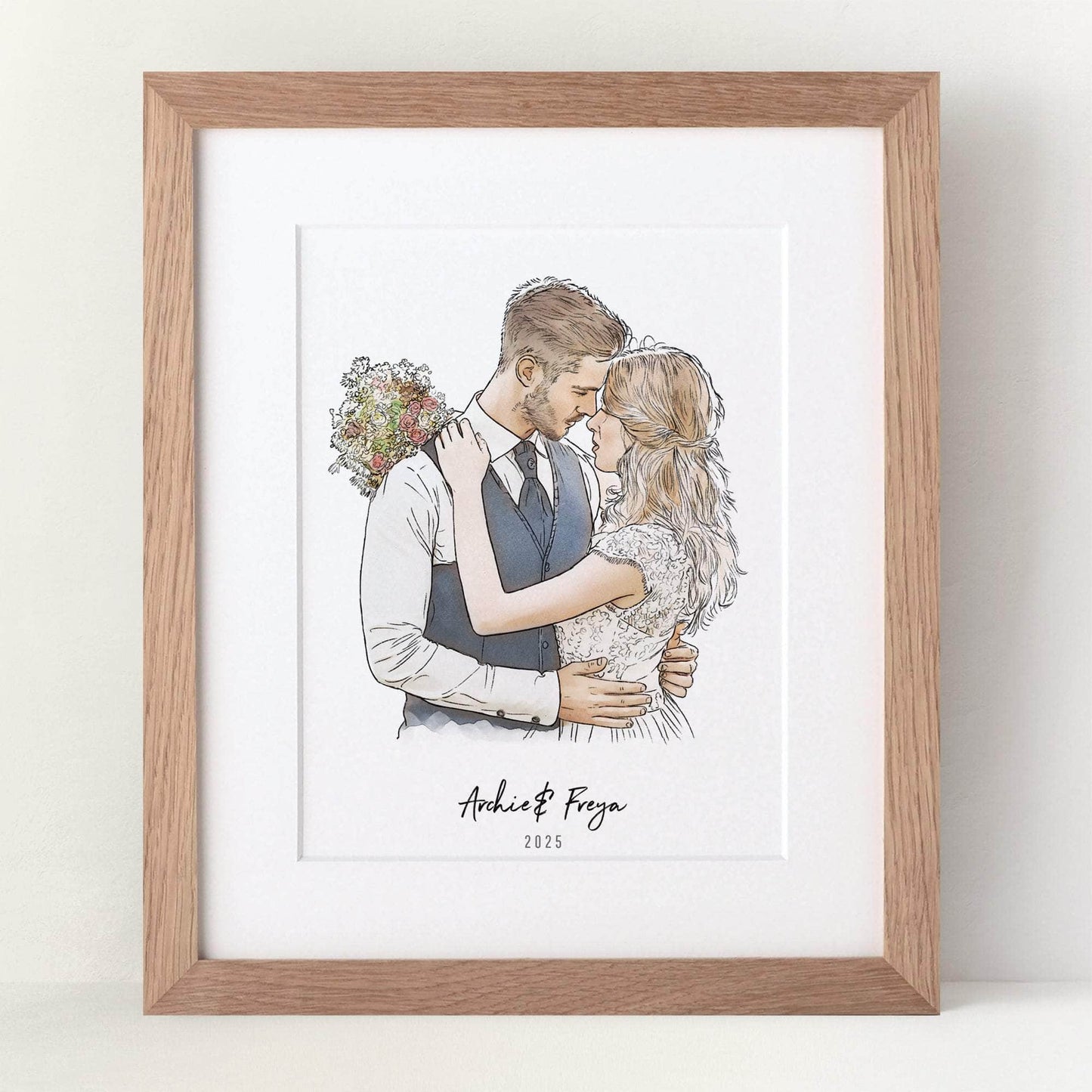 Bride and Groom Couple Wedding Illustration - Custom Portrait Art