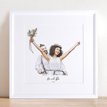 Bride and Groom Couple Wedding Illustration - Custom Portrait Art