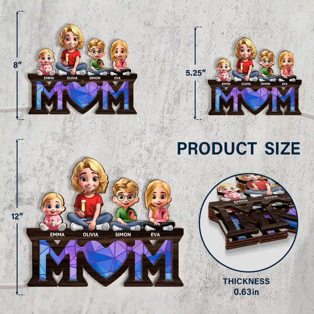 Young Mother Daughter Son We Love You Mom 3D Cartoon - Personalized LED Light Wooden Plaque
