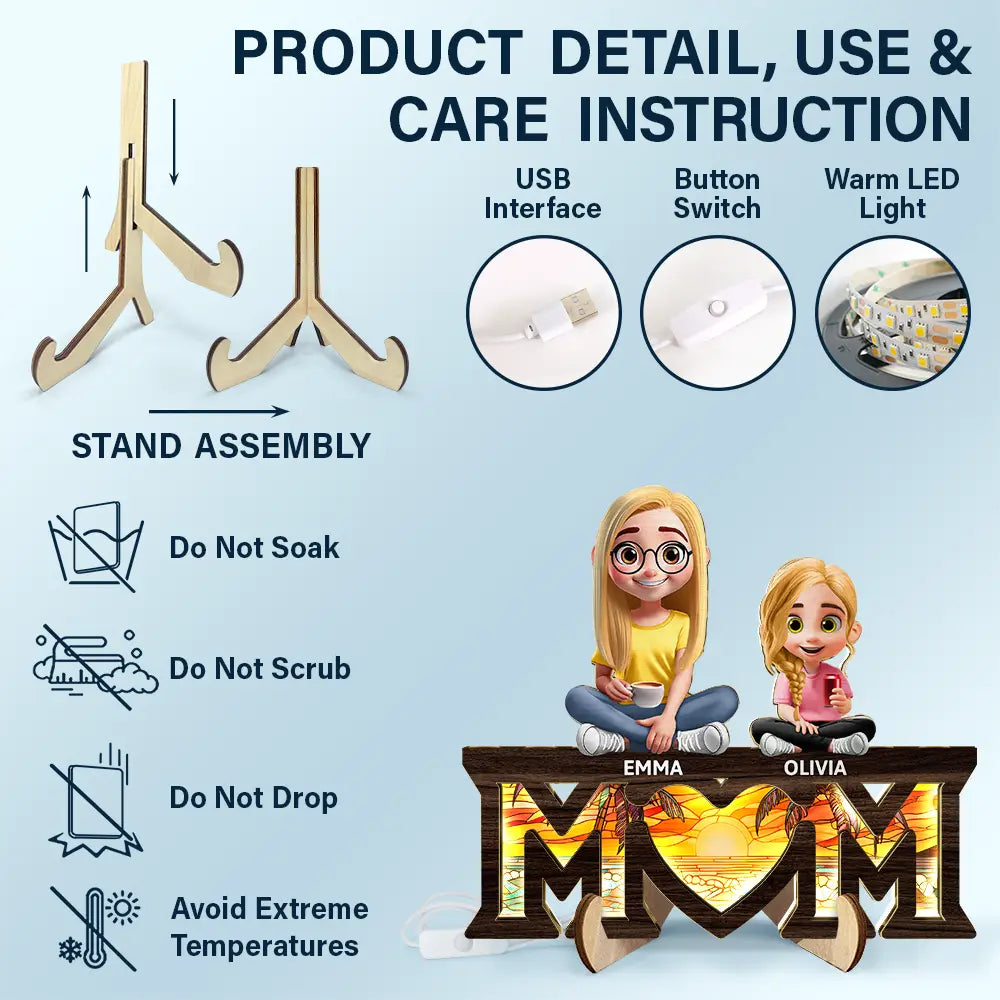 Young Mother Daughter Son We Love You Mom 3D Cartoon - Personalized LED Light Wooden Plaque