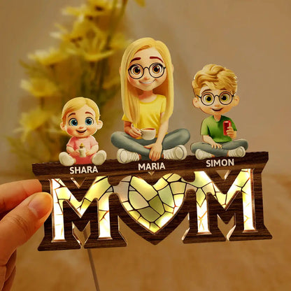 Young Mother Daughter Son We Love You Mom 3D Cartoon - Personalized LED Light Wooden Plaque