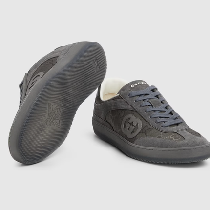 Men's Gucci G75 Logo-Appliquéd Leather-Trimmed Suede Grey Sneakers