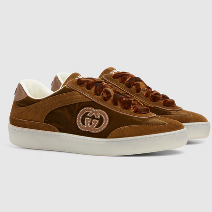 Men's Gucci G75 Logo-Appliquéd Leather-Trimmed Suede Brown Sneakers