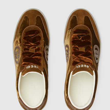 Men's Gucci G75 Logo-Appliquéd Leather-Trimmed Suede Brown Sneakers