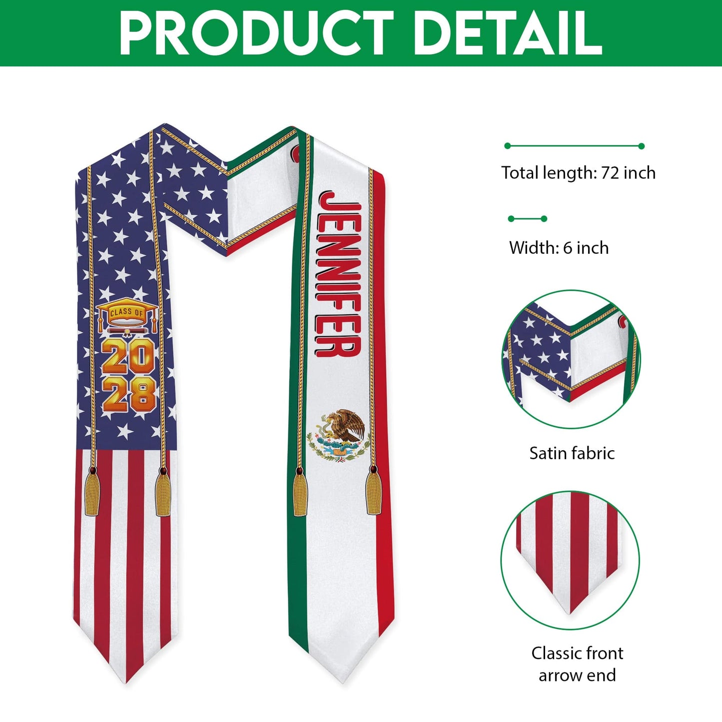 Country Flag Class of 2026 Stoles Sash, Graduation Gift, Senior Gift