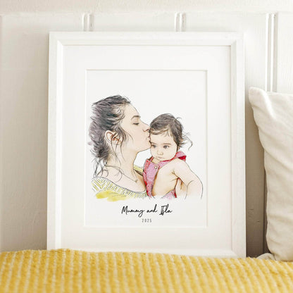 First Mother's Day Watercolour Illustration - Custom Portrait Art
