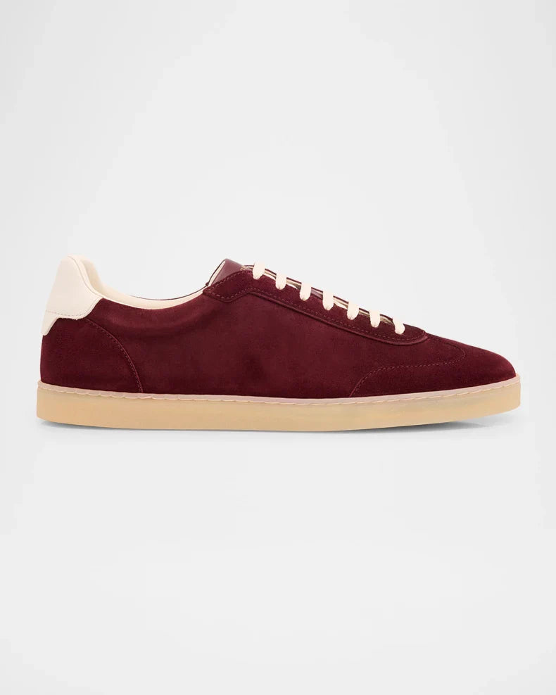 Men's Brunello Cucinelli Suede T-Toe Low-Top Burgundy Sneakers