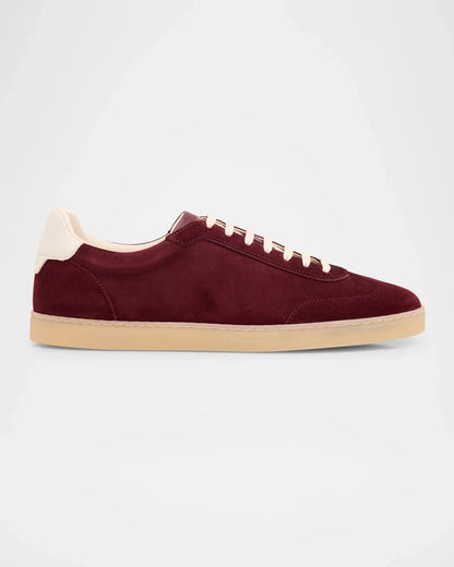 Men's Brunello Cucinelli Suede T-Toe Low-Top Burgundy Sneakers