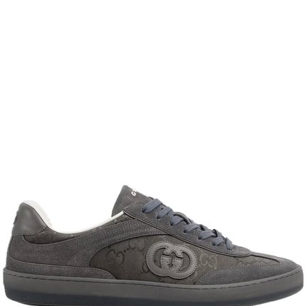 Men's Gucci G75 Logo-Appliquéd Leather-Trimmed Suede Grey Sneakers