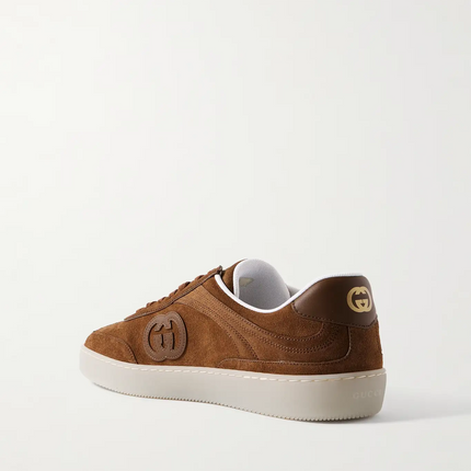 Men's Gucci G75 Logo-Appliquéd Leather-Trimmed Suede Light Brown Suede Sneakers