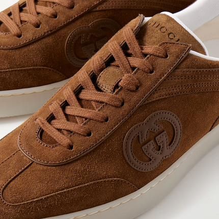 Men's Gucci G75 Logo-Appliquéd Leather-Trimmed Suede Light Brown Suede Sneakers
