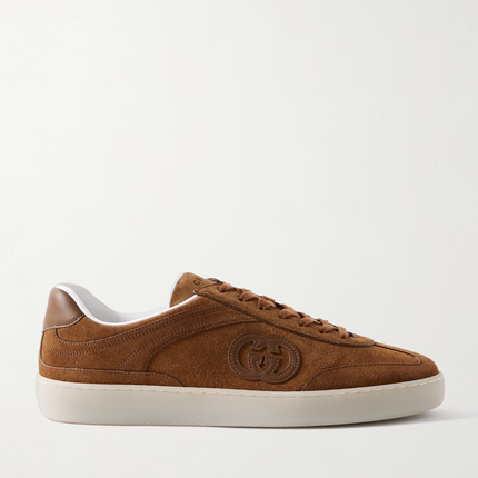 Men's Gucci G75 Logo-Appliquéd Leather-Trimmed Suede Light Brown Suede Sneakers