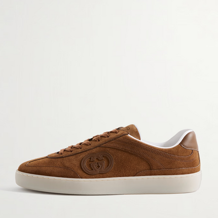 Men's Gucci G75 Logo-Appliquéd Leather-Trimmed Suede Light Brown Suede Sneakers